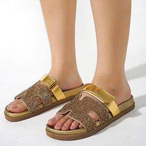 Cape Robbin Markuss Gold Sparkly Sandals Glitter Slides, Rhinestone Size Women 6